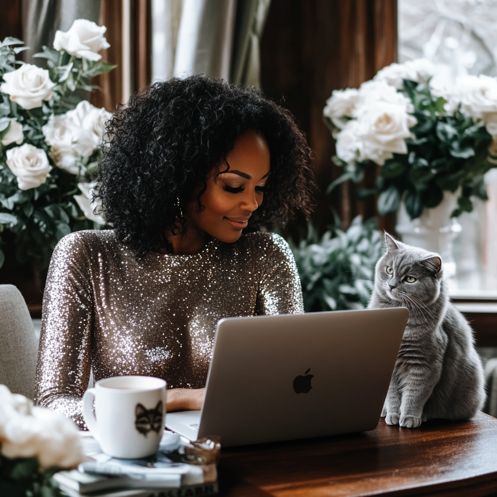 Sparkling Black Woman in Cozy Home Office with Cat