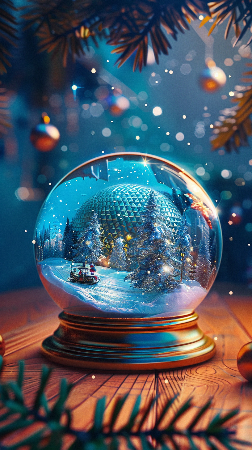 Sparkling Epcot snowglobe on wooden table with ornaments.