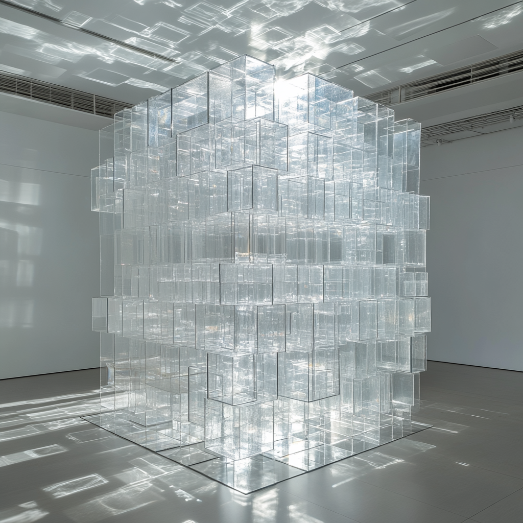 Sparkling Glass Cube with Floating Boxes in White Space