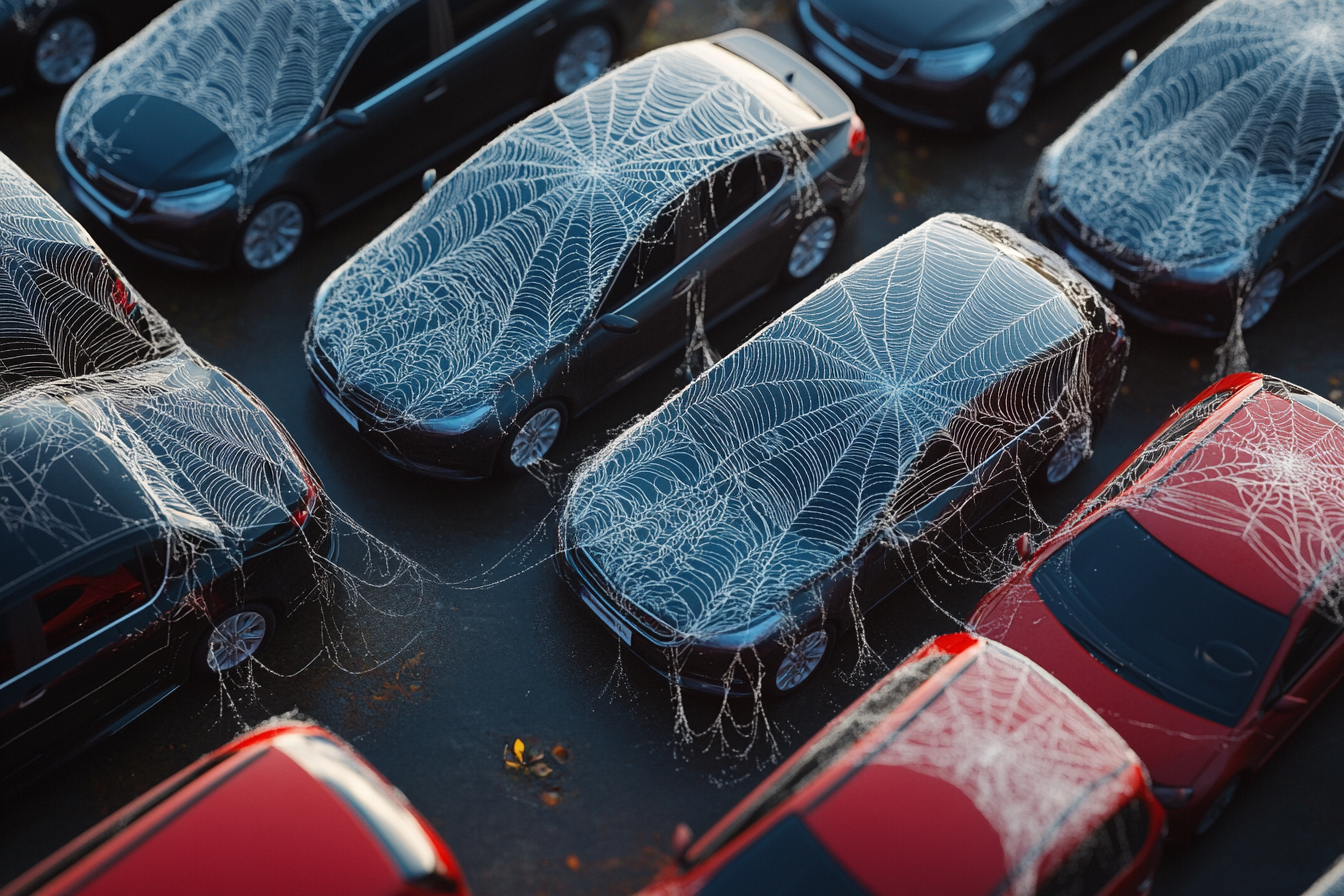 Sparkling Morning Car Lot with Intricate Webs