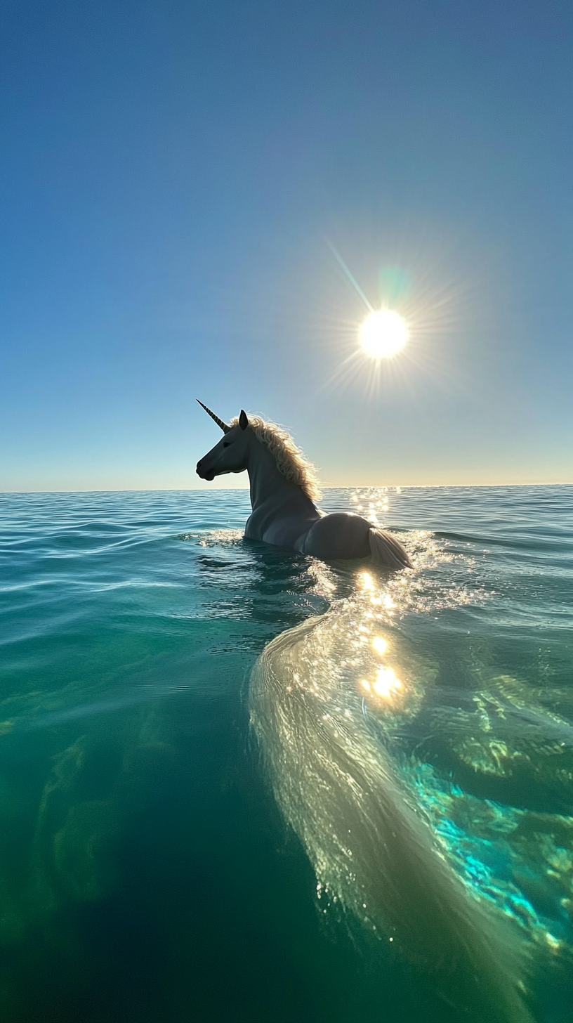 Sparkling Unicorn in Blue Ocean Under Sunlight