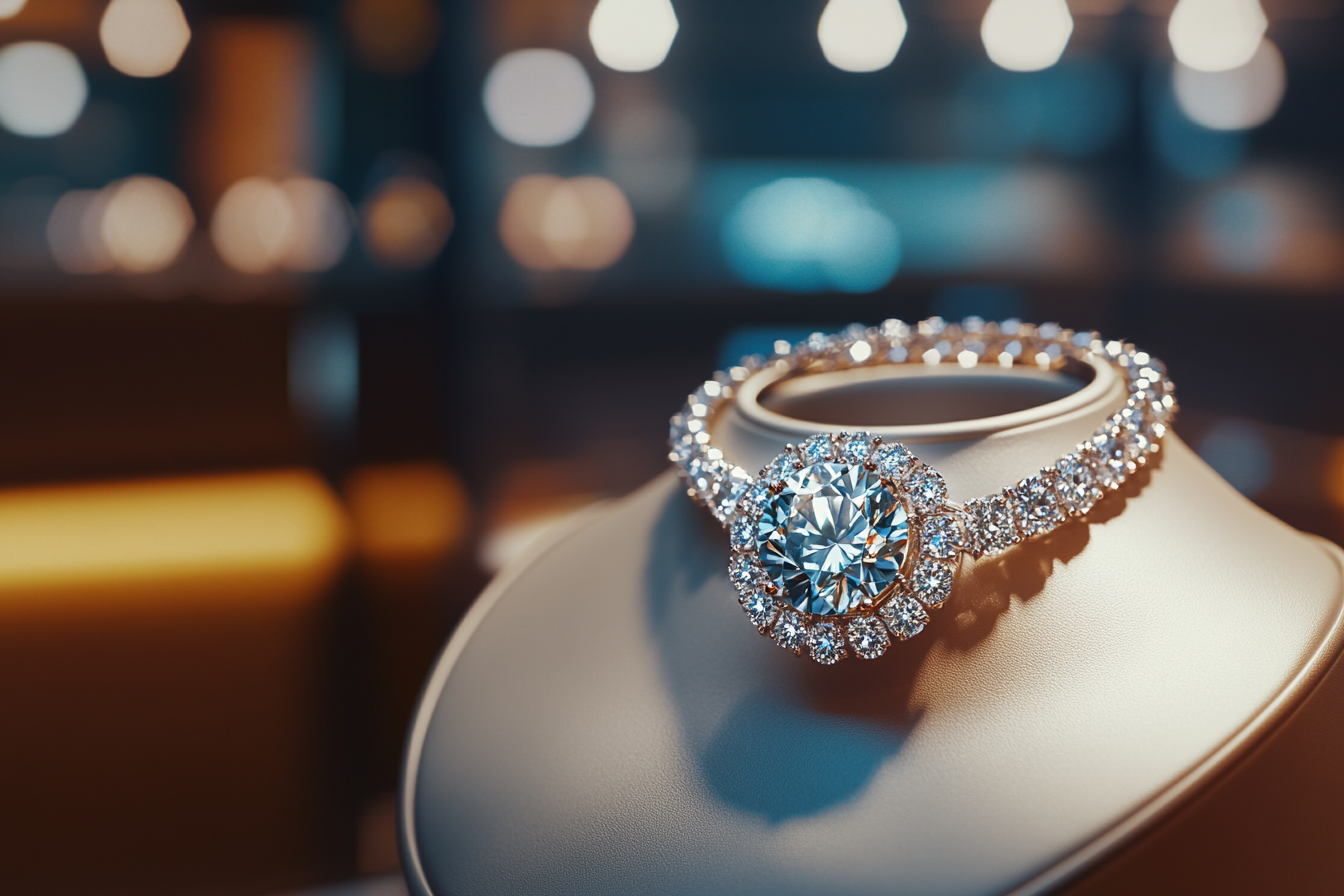 Sparkling diamond ring and necklace on display