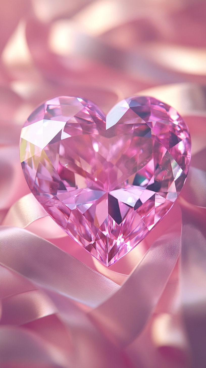 Sparkling pink gemstone heart with ribbons in pastel colors.