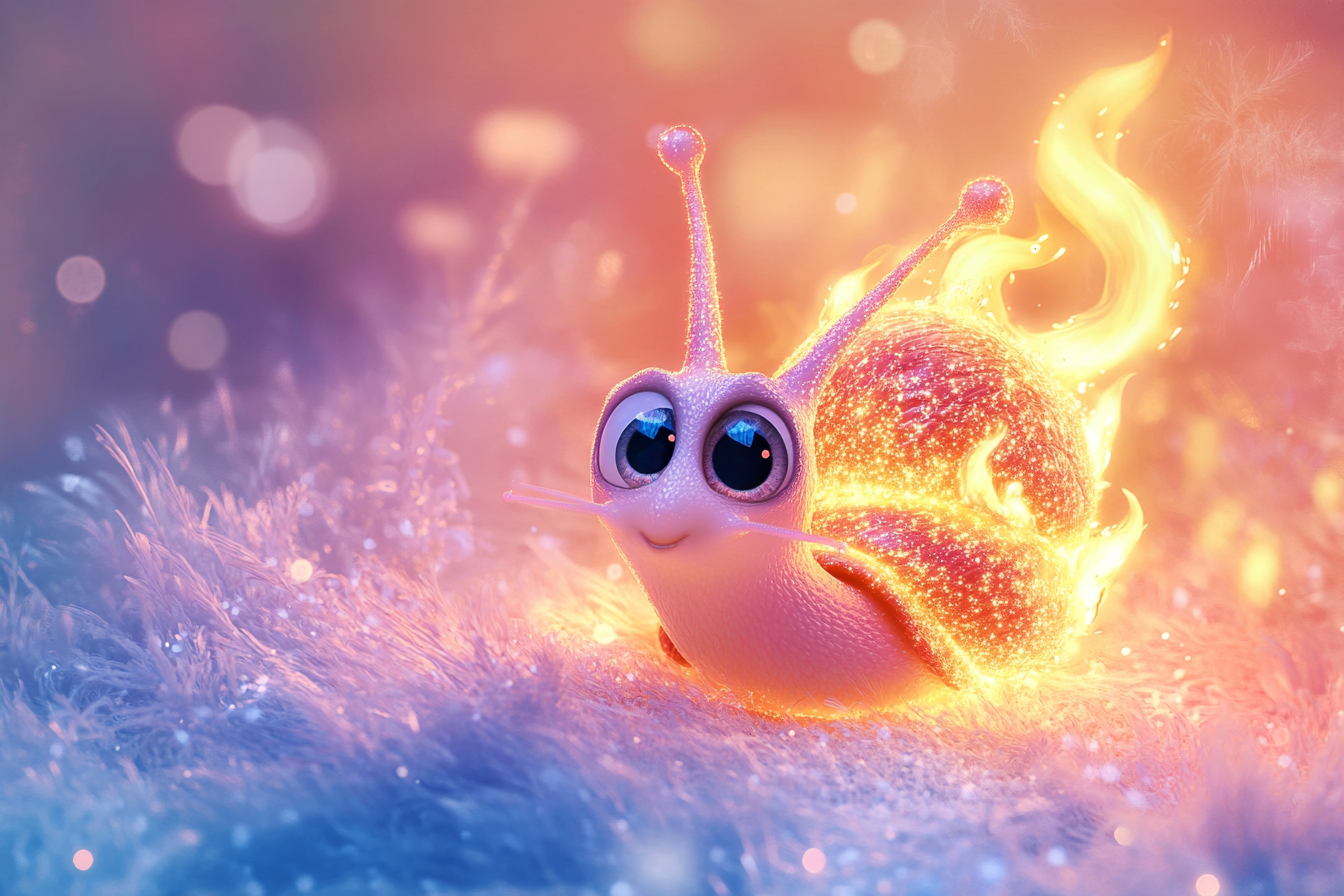 Sparkly Fire Snail with Sweet Eyes in Pixar Style