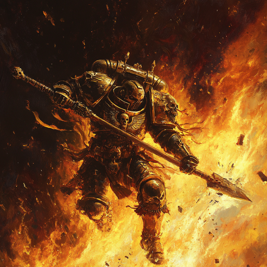 Spear-wielding Death Company Captain leaping from fiery battlefield.