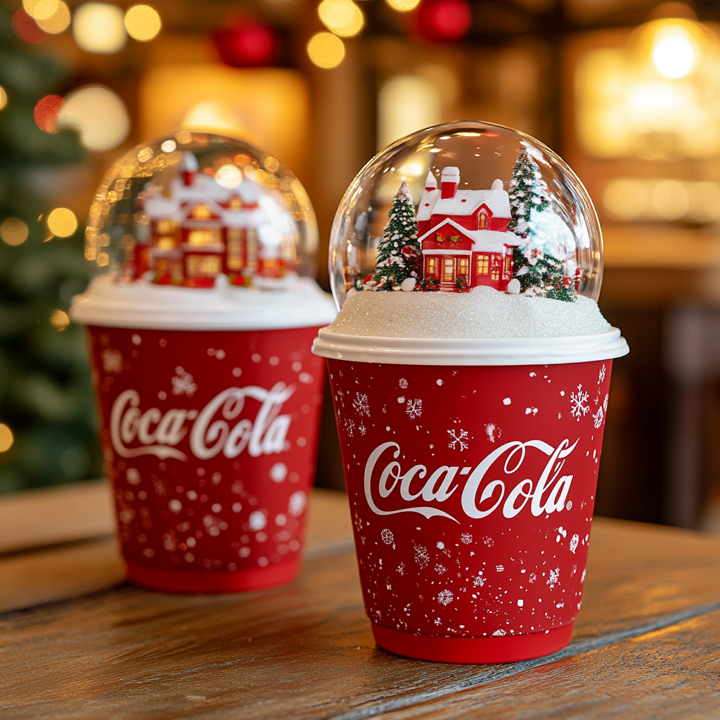 Special edition collection of 3 Coca-Cola-themed cups. Snow globe lids featuring Christmas village inside.