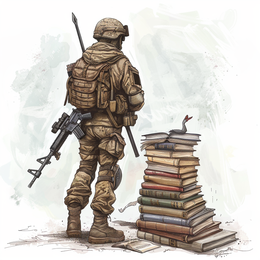 Special forces soldier with academic motifs, book backpack,rifle-quill.