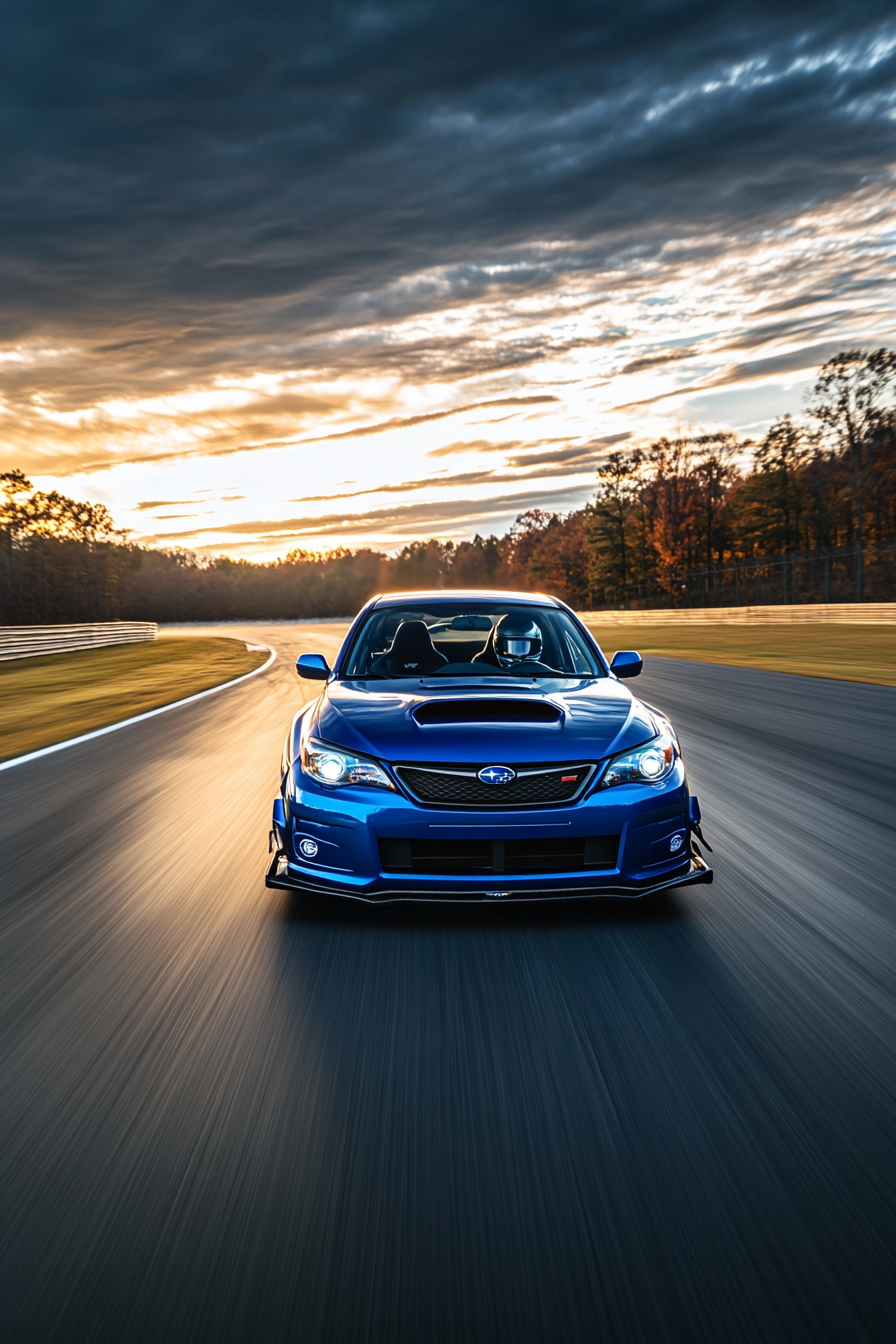 Speeding Subaru Impreza on racetrack, cinematic shot, mirrorless camera.