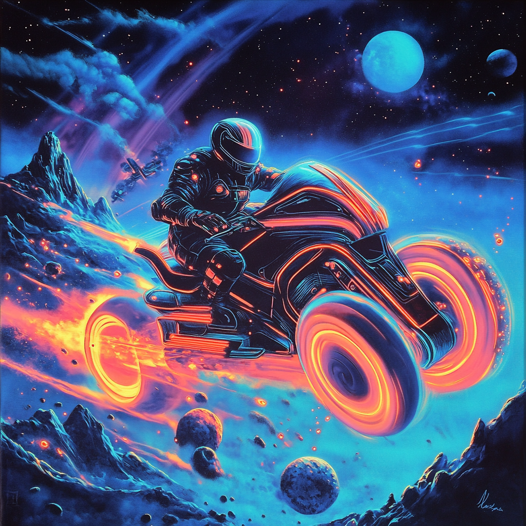 Speeding armored motorcycle in space with neon glow.