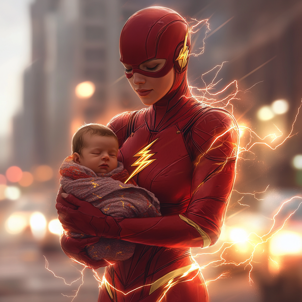 Speedster mom in red suit holds baby in blanket.