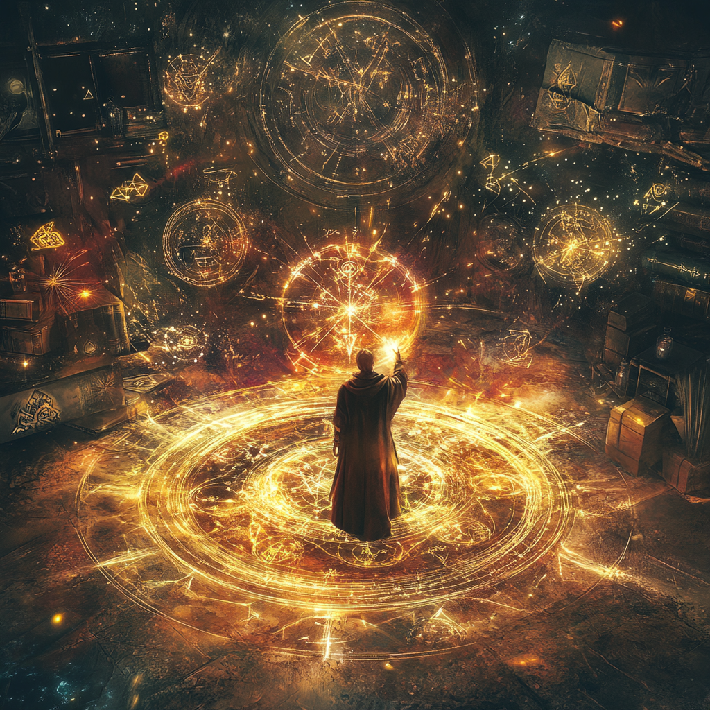 Spell caster surrounded by glowing symbols and vibrant colors.