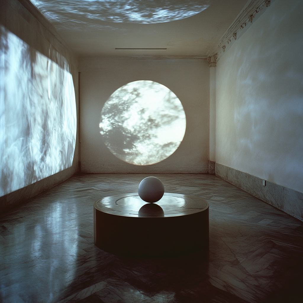 Sphere projecting films onto walls and ceiling of room.