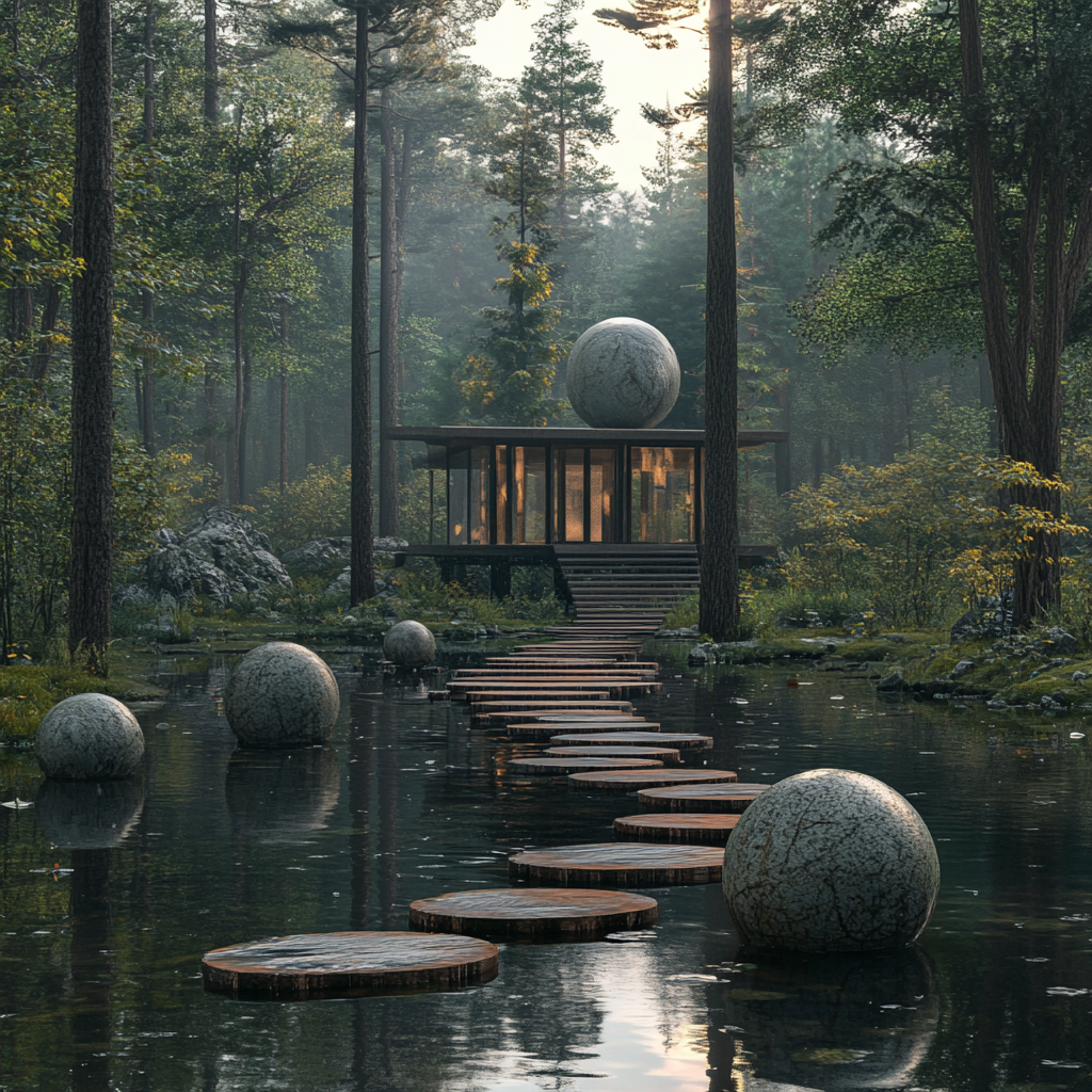 Spheres support flat cabin platform in lake, pathway up.