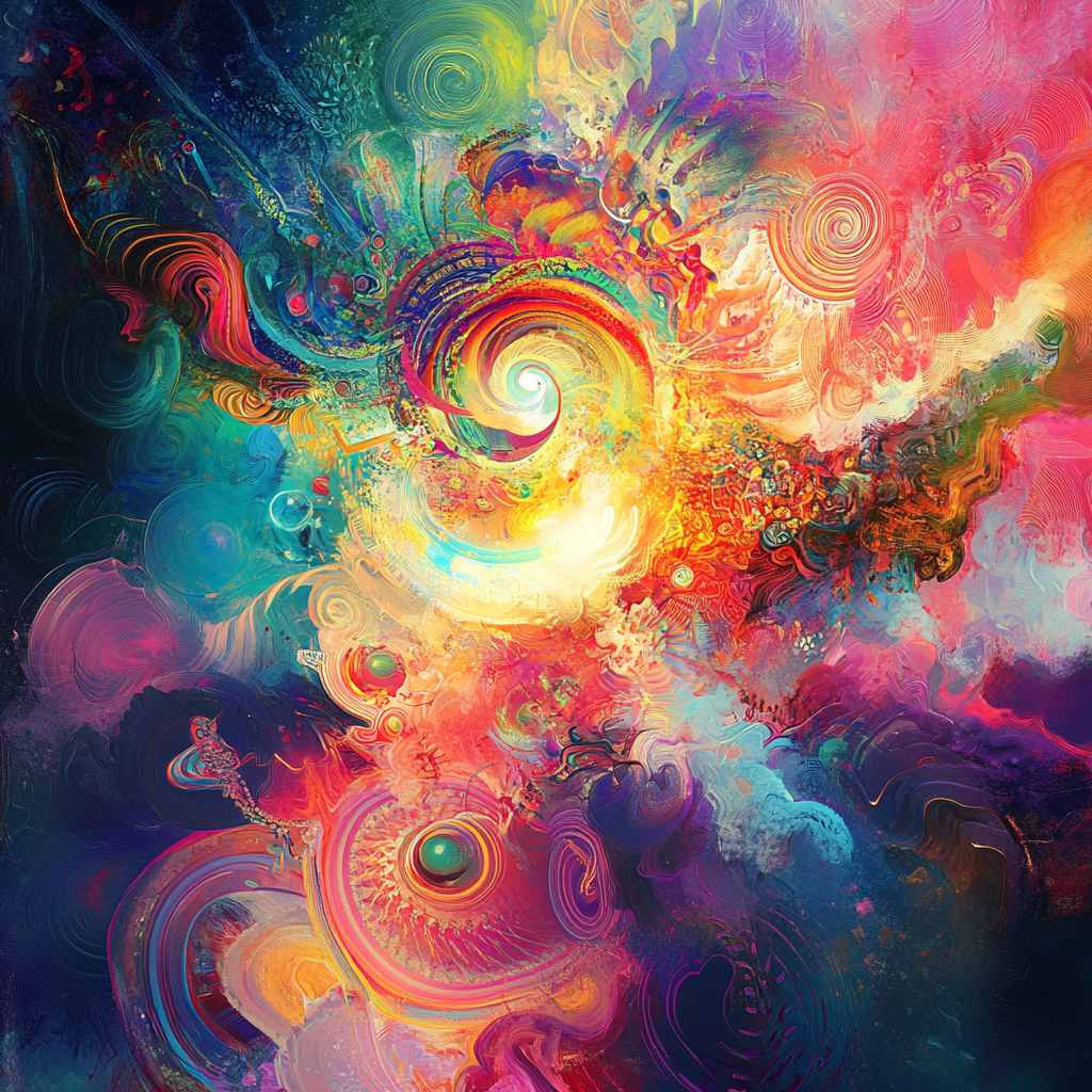 Spherical shape surrounded by swirling Chinese elements and colors.