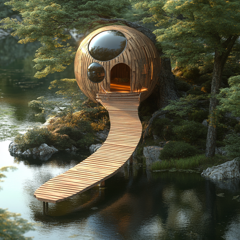 Spherical support platform with cabin in center of lake.