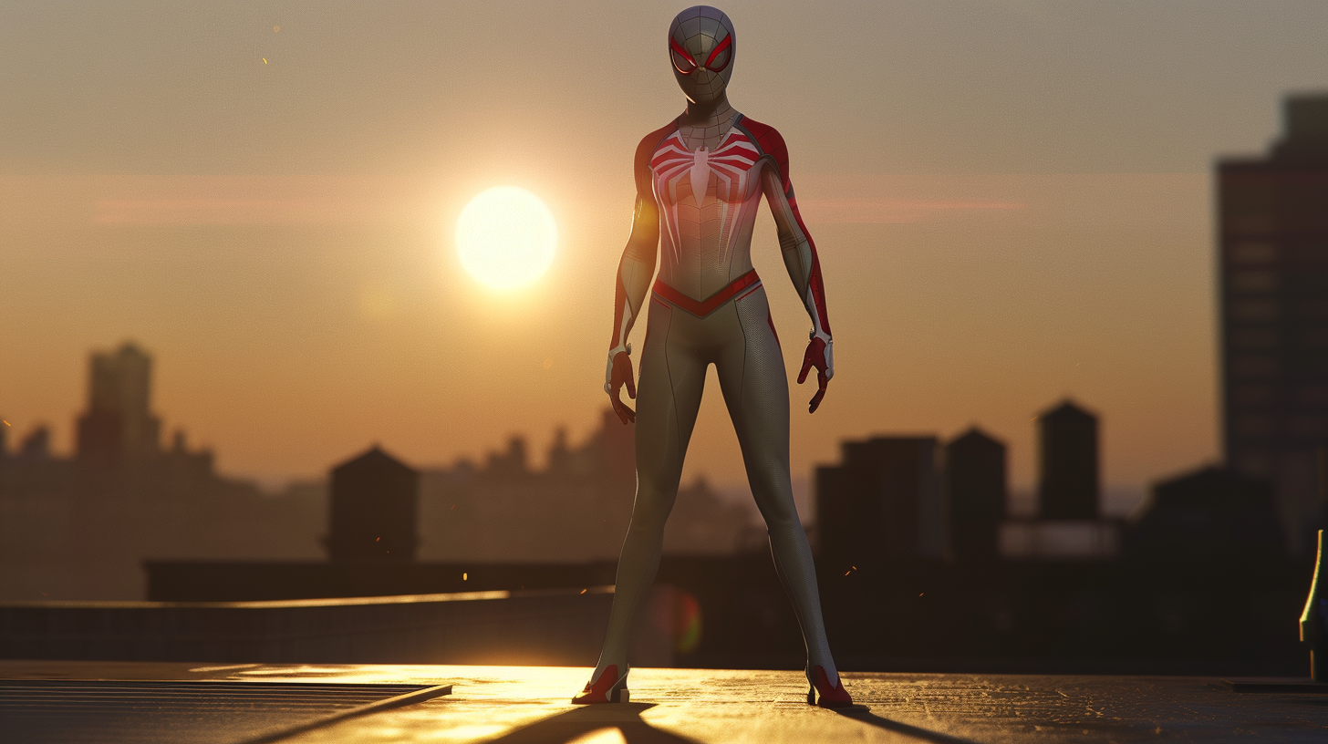 Spider-Gwen on a rooftop at dawn, ready to leap.