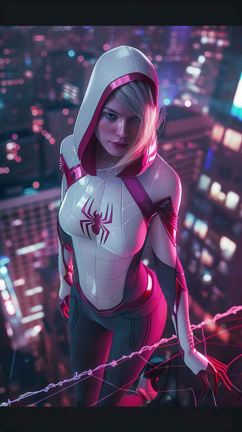 Spider-Gwen standing on skyscraper, cityscape below, confident.