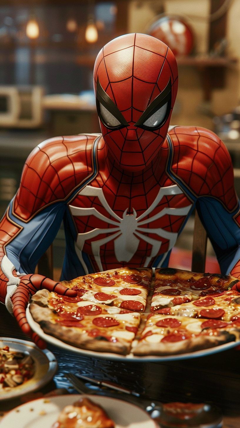 Spider-Man Eating Pizza at Home