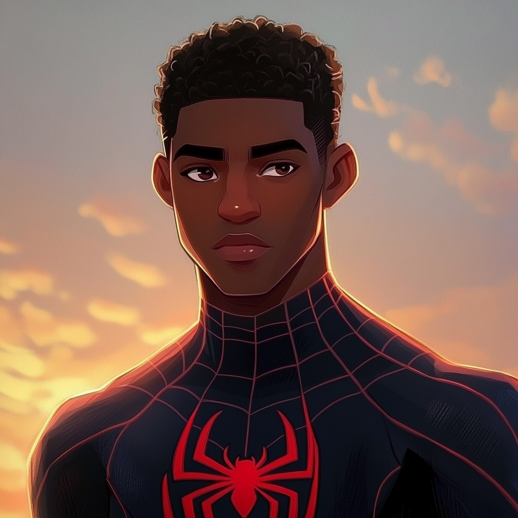 Spider-Man Miles Morales in realistic style, gazing at sunset.