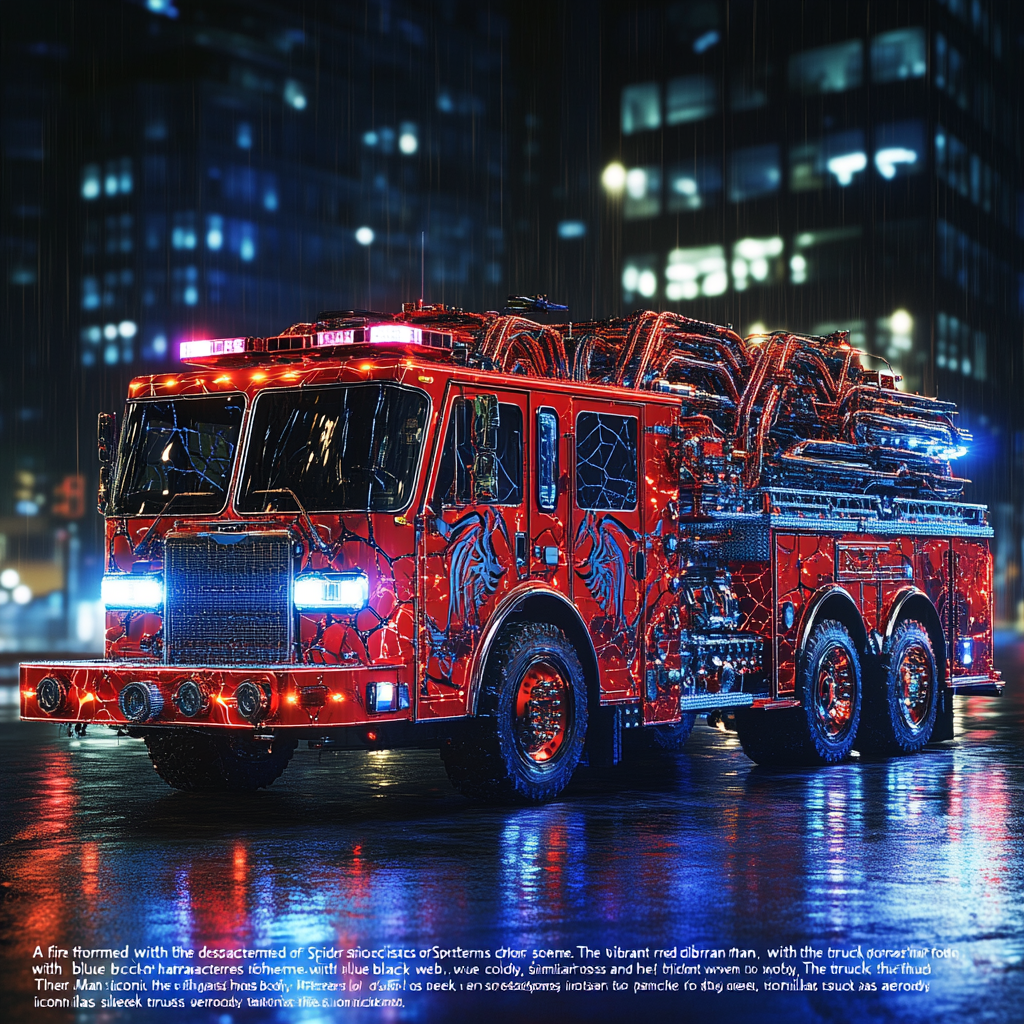 Spider-Man themed fire truck in urban cityscape at night.