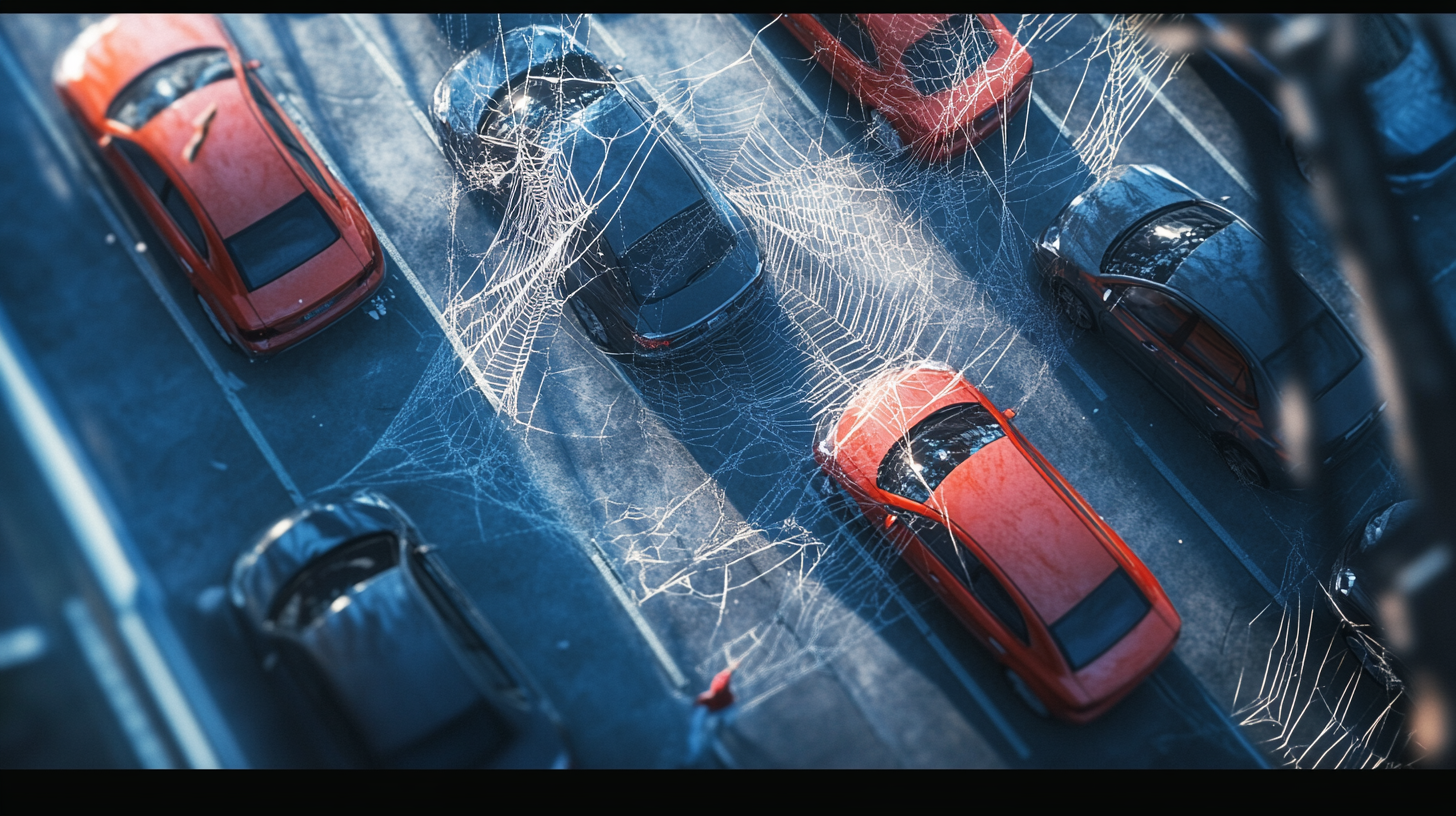 Spider Web Cars in Sunlight Glow