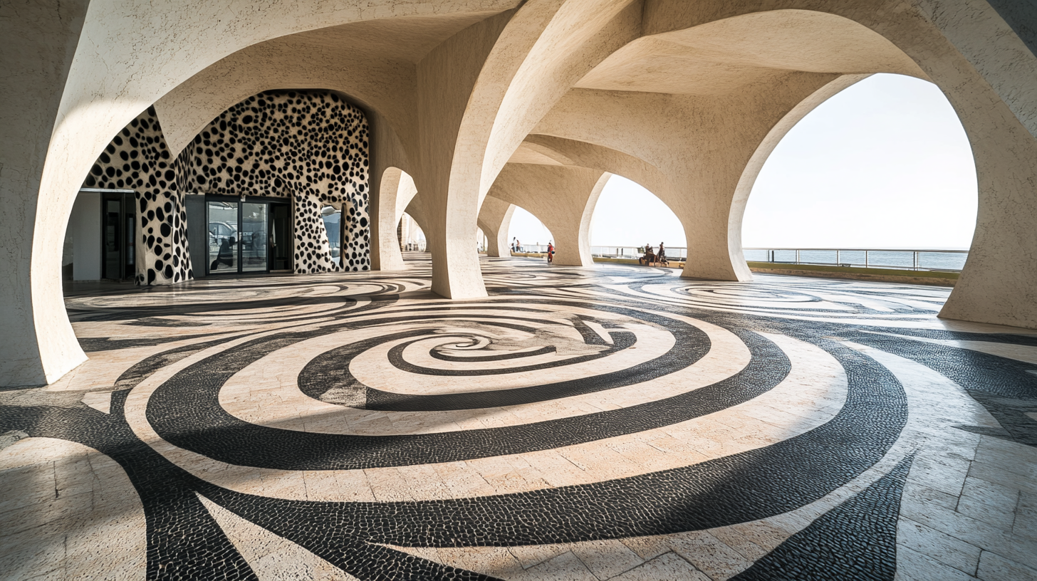 Spiral and swirly plaza in modern ferry terminal.