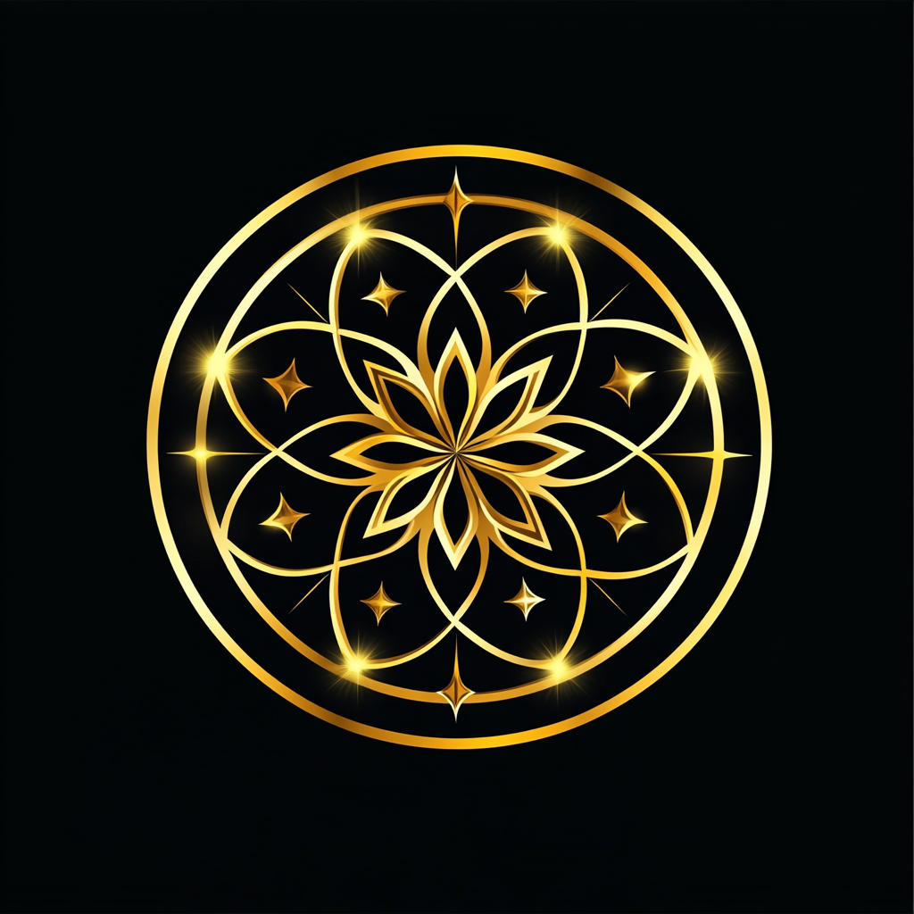 Spirituelles Logo: Sonnensystem, Mondphasen, Sterne, Flower of Life