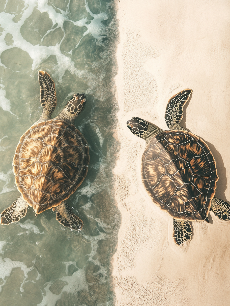 Split Image: Graceful Ocean Turtle, Determined Beach Crawler