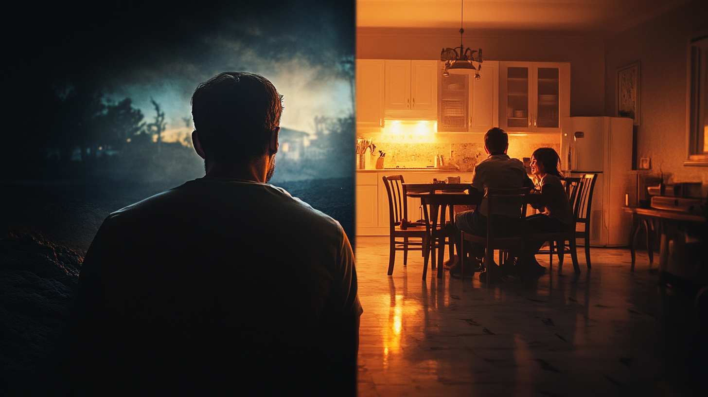 Split image of man at chasm and warm family kitchen