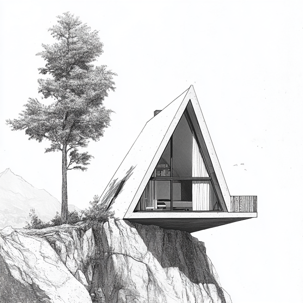 Split level cabin in mountains with triangular shape window.