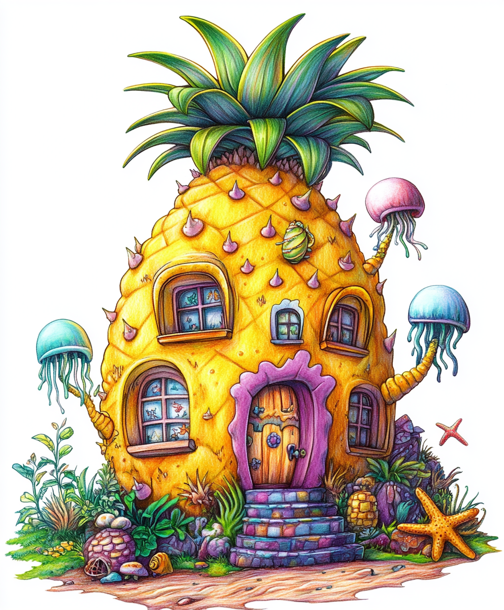 Spongebob's pineapple house hand-drawn in colored pencil