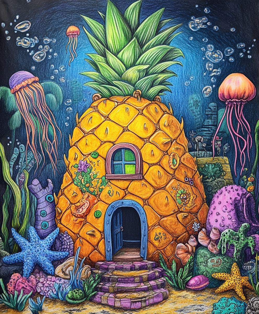 Spongebob's pineapple house with starfish, jellyfish, snails design.