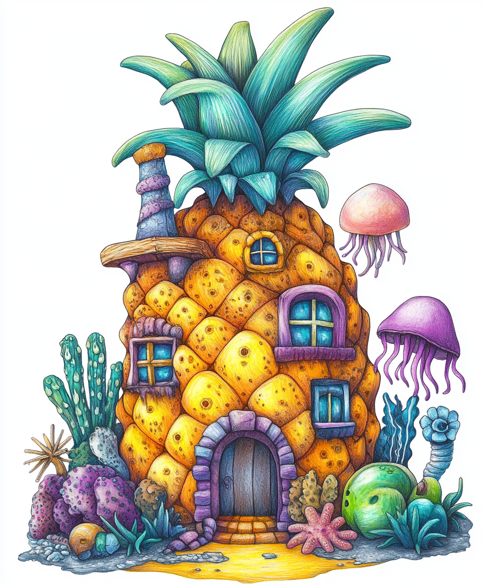 Spongebob pineapple house drawn in colorful pencil style.