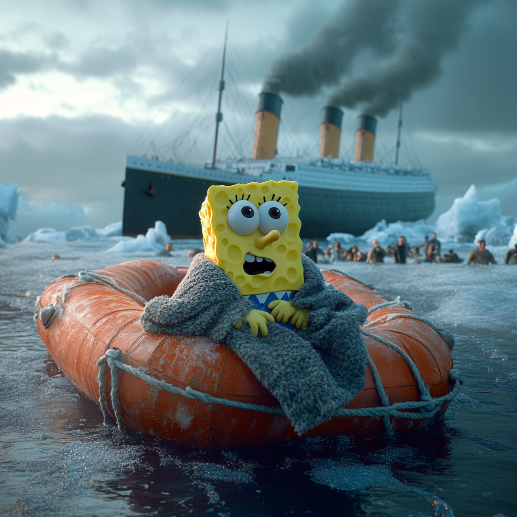 Spongebob shivers on raft; Titanic sinks, ice surrounds.