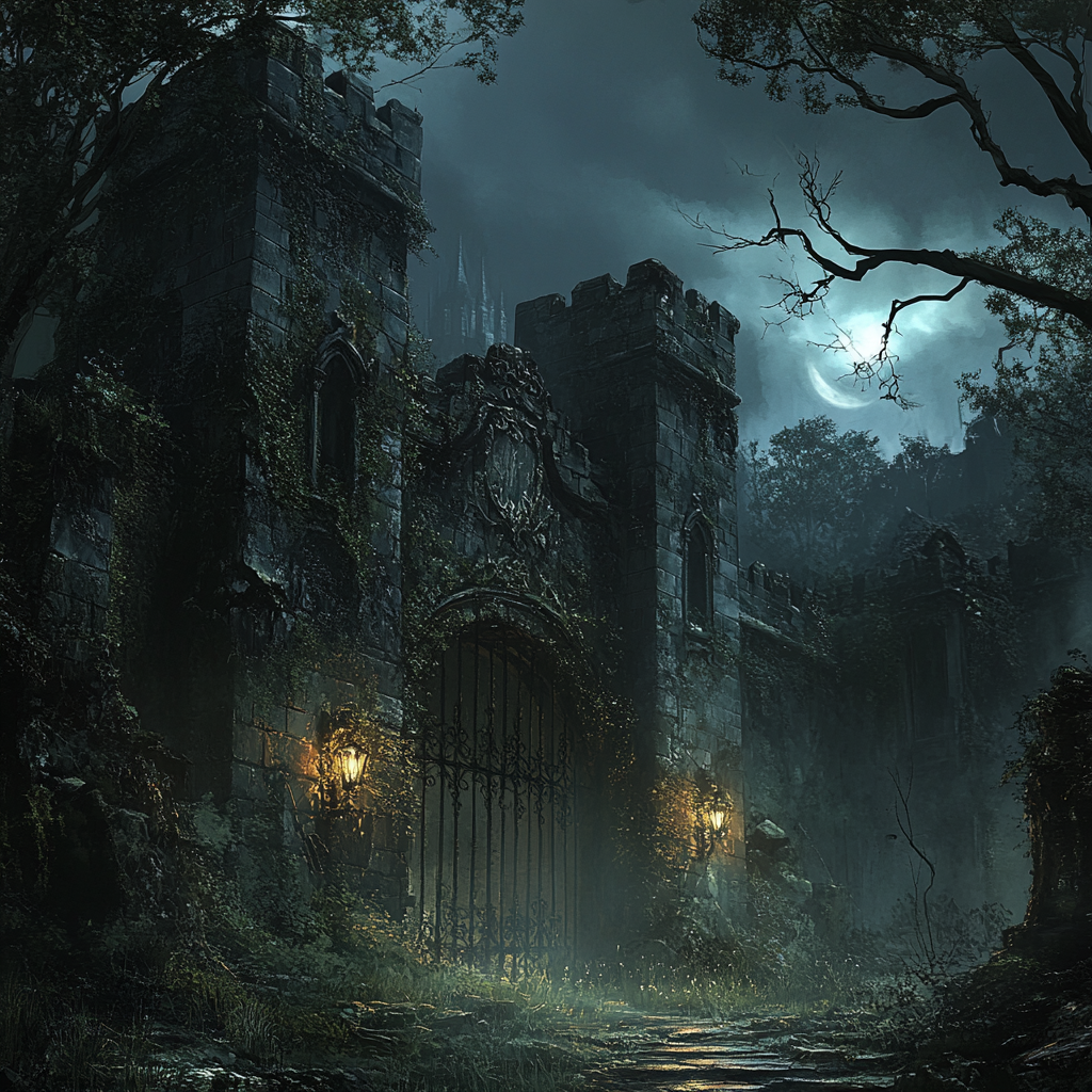 Spooky, abandoned castle in foggy forest, illuminated by spotlights.