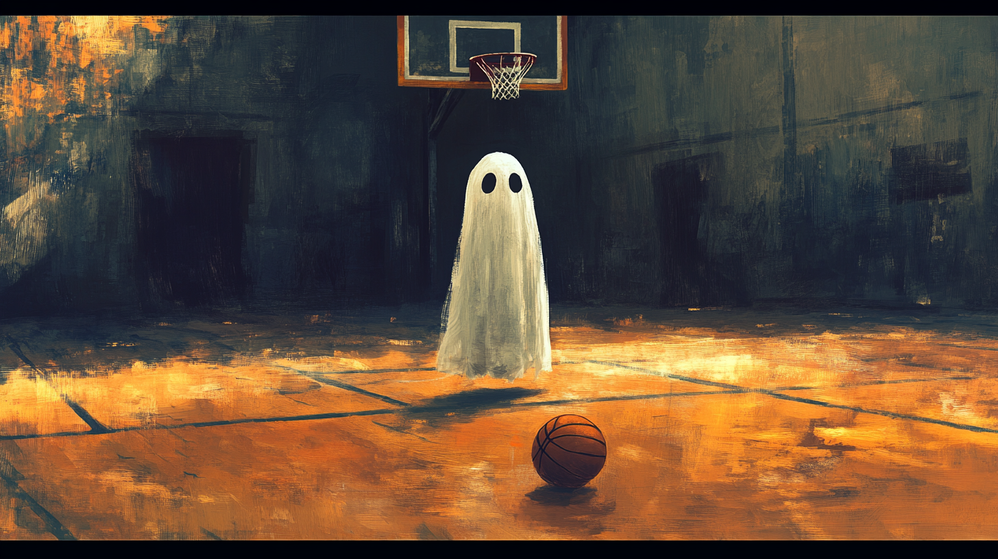 Spooky Ghost on Dark Basketball Court, Textured Style