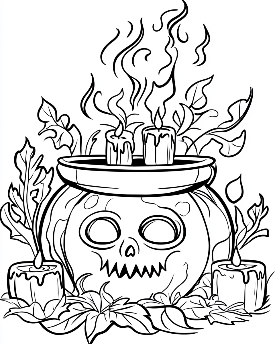 Spooky Halloween Cauldron with Skull and Candles Coloring Page