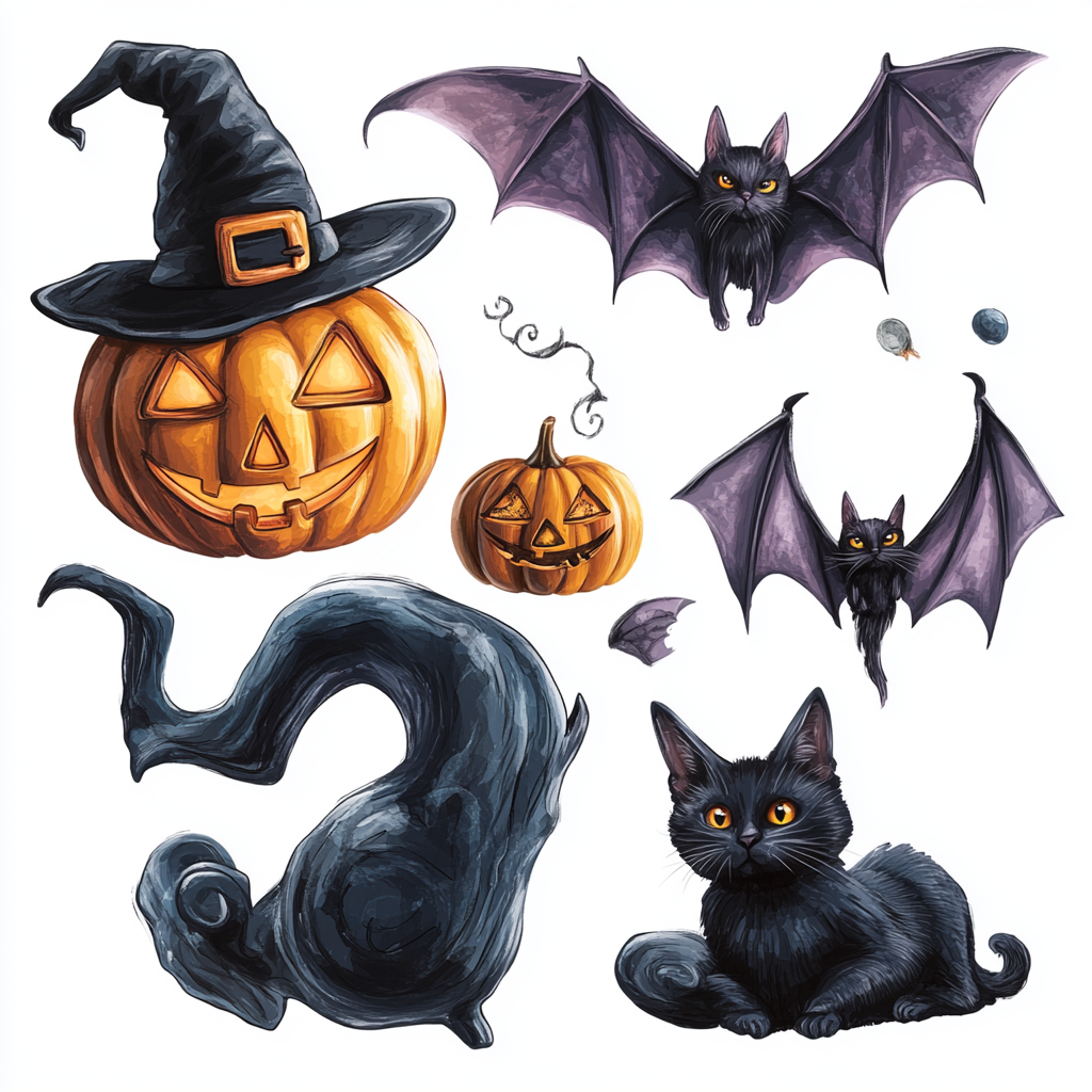 Spooky Halloween Objects with Cute Black Cat