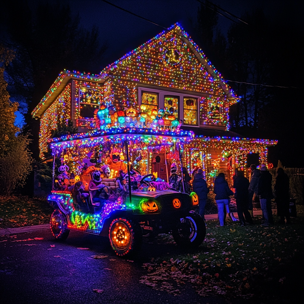 Spooky Halloween decorations with haunted house ride.