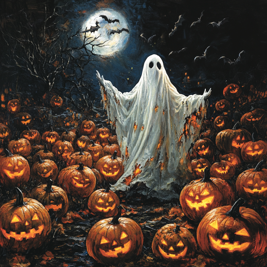 Spooky Halloween night with jack-o'-lanterns and ghost