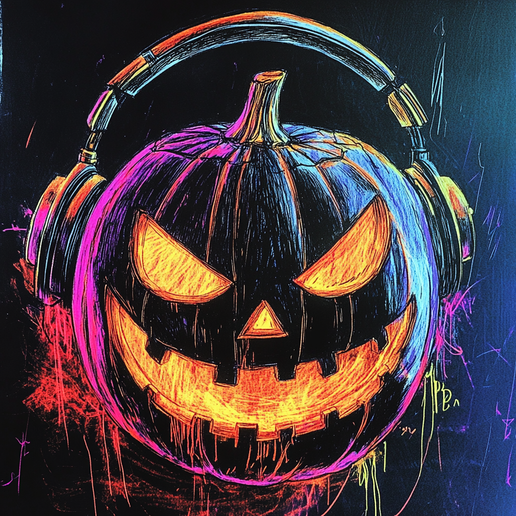 Spooky Jack-o-lantern DJ spins records at night