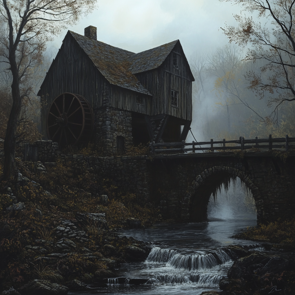 Spooky Misty Old Mill with Covered Bridge Fantasy Art