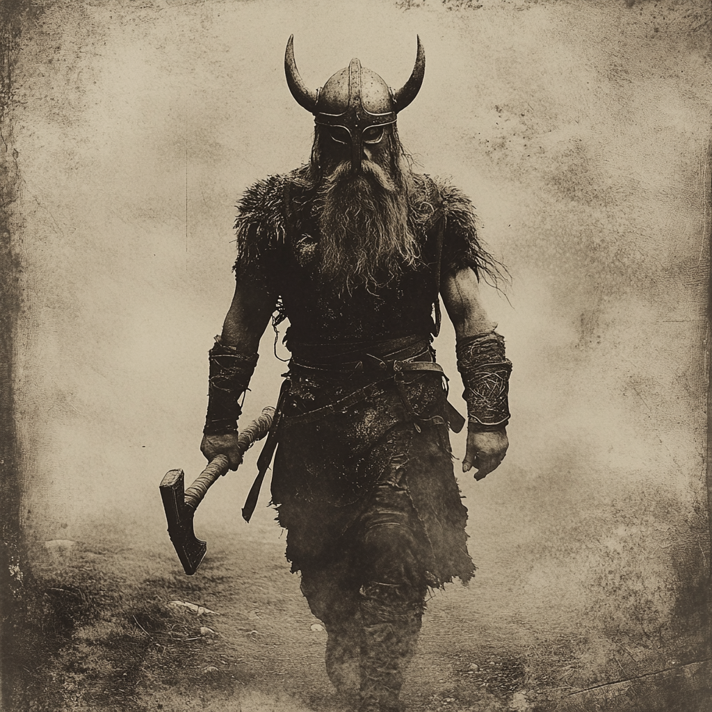 Spooky Norse Viking Warrior with Warhammer and Horned Helmet