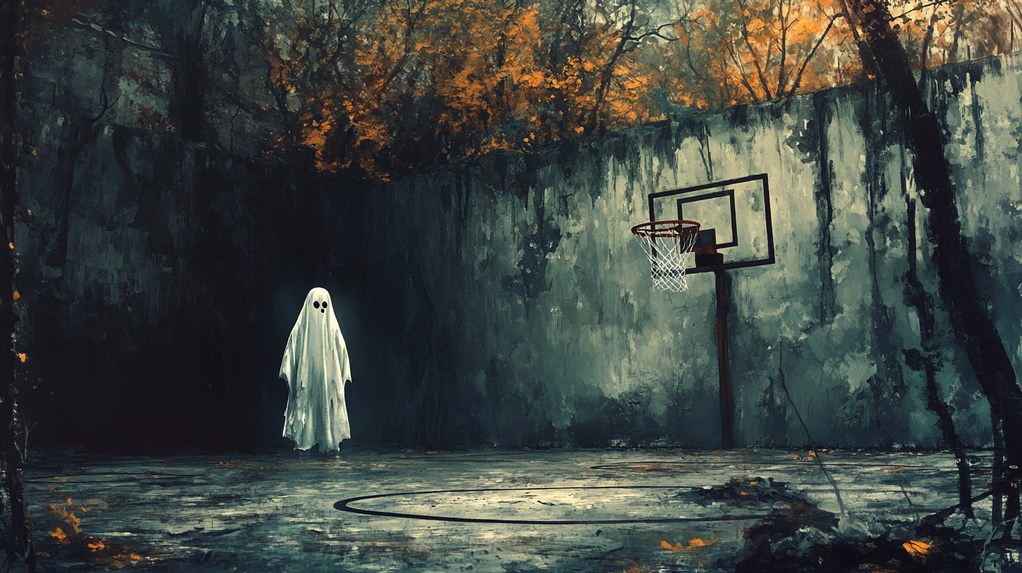 Spooky Textured Painting Style: Basketball Court with Ghost