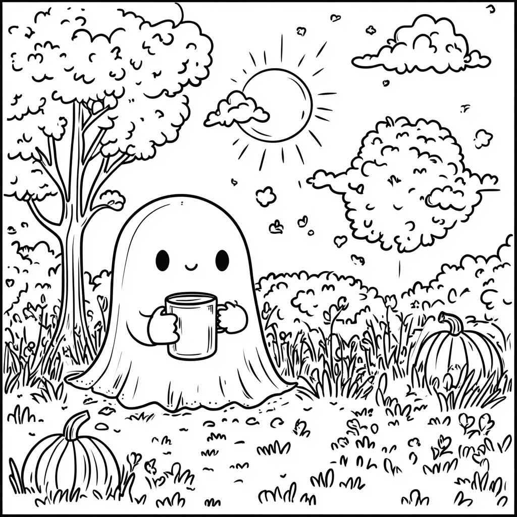 Spooky cute ghost sipping coffee in pumpkin-filled park.