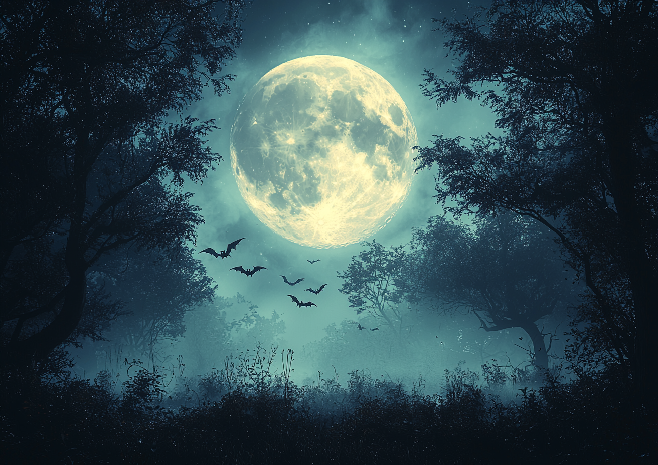 Spooky moonlight scene with flying bats on Halloween night.