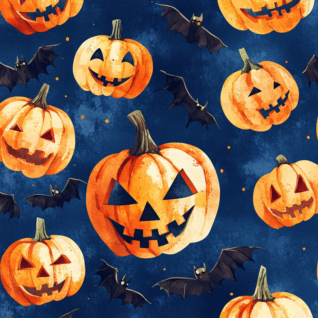 Spooky pumpkins and bats in cute repeating design.