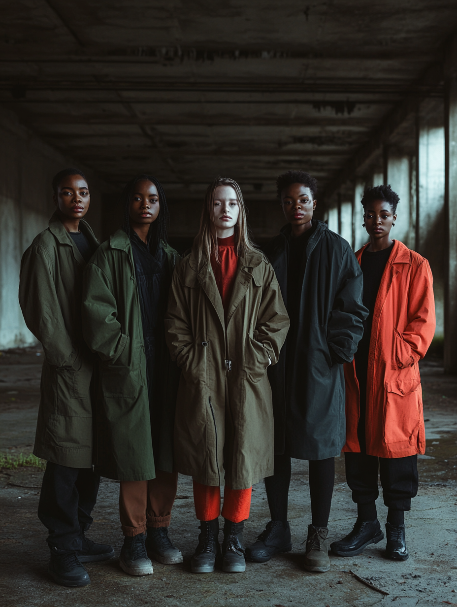 Spooky row of diverse people in dark barracks