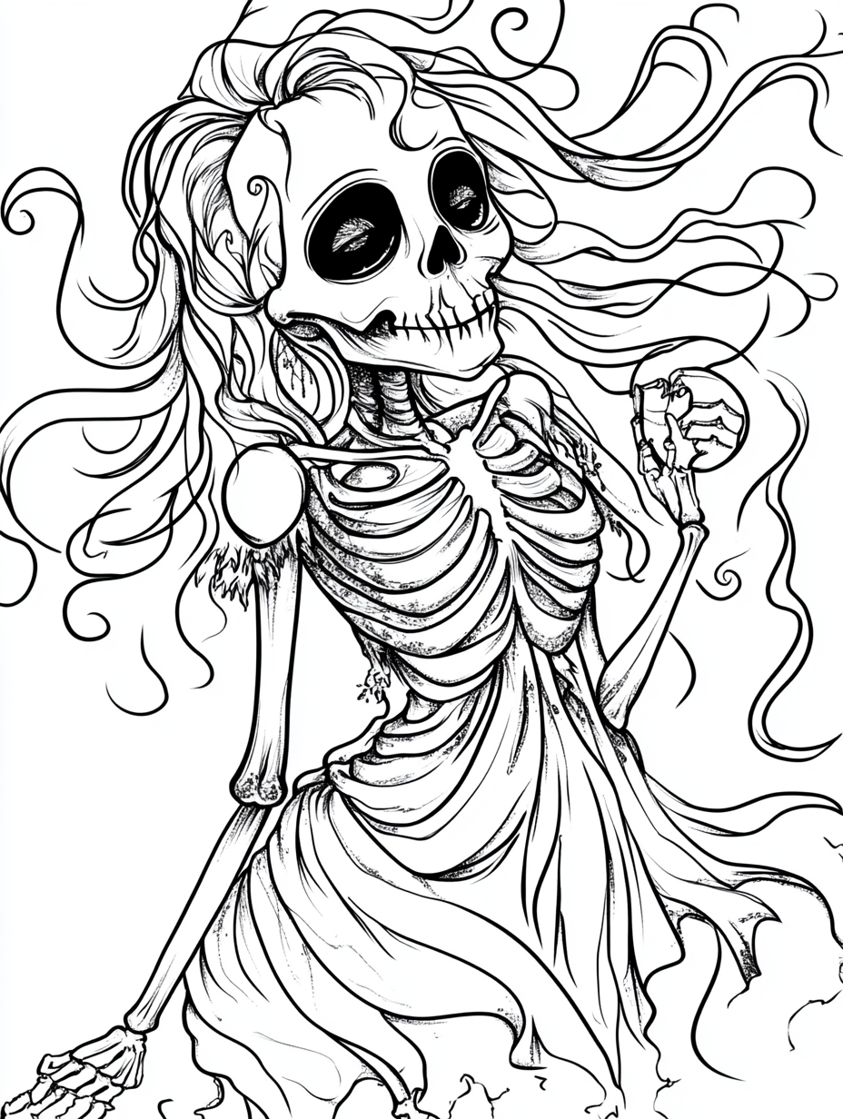 Spooky skeleton in tattered dress looks at wedding ring.