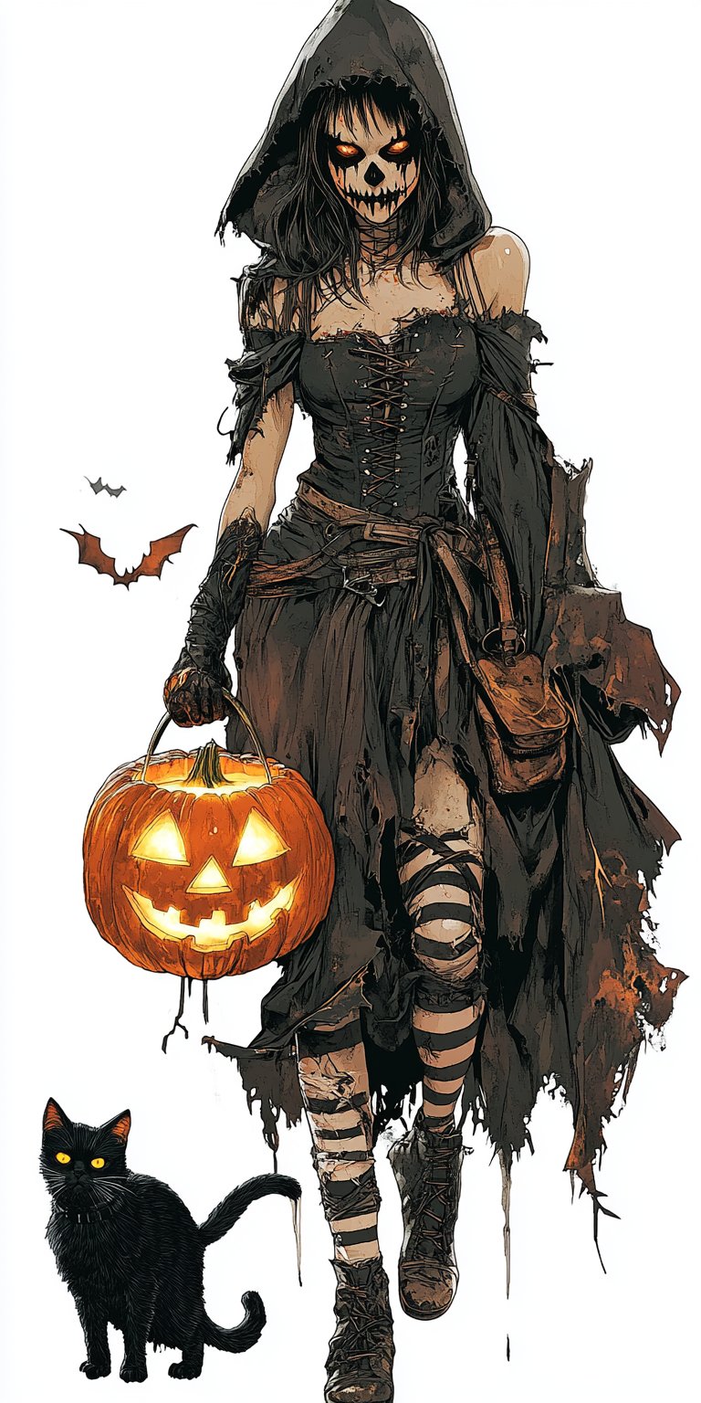 Spooky witch with skull face, black cat, jack-o'-lantern.